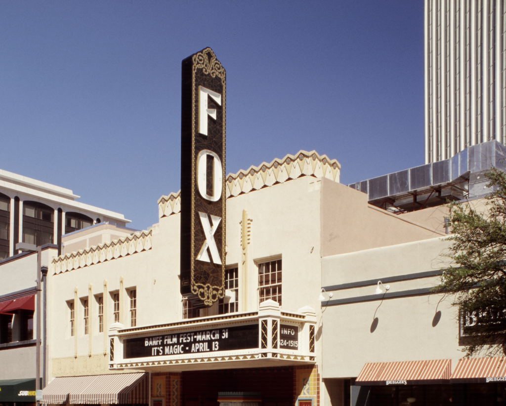 exterior of the historic fox theater with a large historic FOX marquee sign
